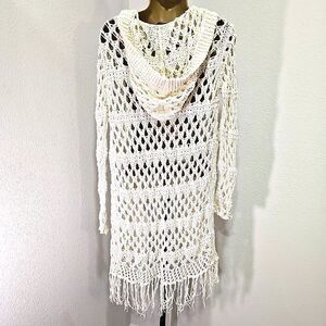 Hooded Cream Crochet Open Front Duster Cardigan Sweater Sm Western Boho Cottage